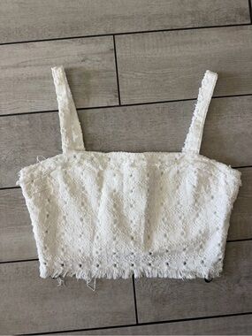 White Textured Eyelet Crop Top with Frayed Hem - Women